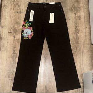 Floral Embroidered Black Wide Leg Jeans